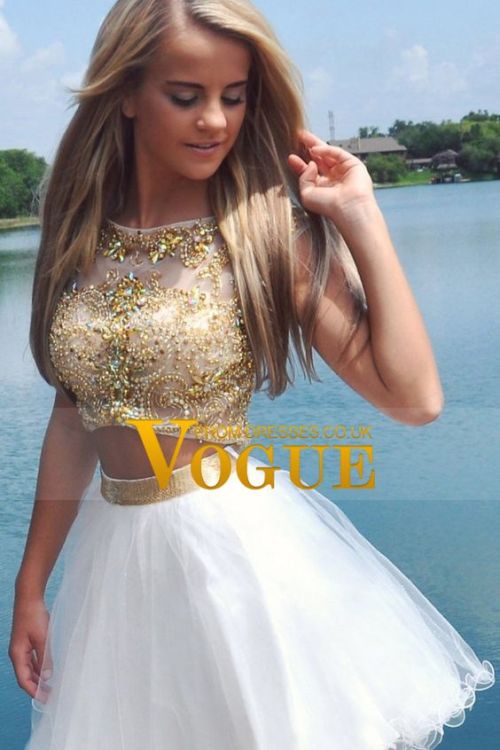 Two-Piece A Line Short White Homecoming Dresses With Gold Beaded Bodice Tulle Short Prom Dress Party