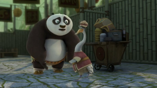 Mr. Ping really has an odd way of using Po’s fame as the Dragon Warrior. In the Kung Fu Panda: Legends of Awesomeness episode “The Maltese Mantis,” Po finds his dad at “The Fest” selling “Dragon Warrior Merchandise.” Suddenly, he notices