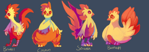 musicalcombusken:  SO, I DECIDED TO MAKE VARIATIONS OF COMBUSKEN!I took 4 days on this, but it was fun to create the shapes and colors. *u* I love chickens and Combusken (torchic line in general), so I felt the need to do this~I used my Pokesona MC for