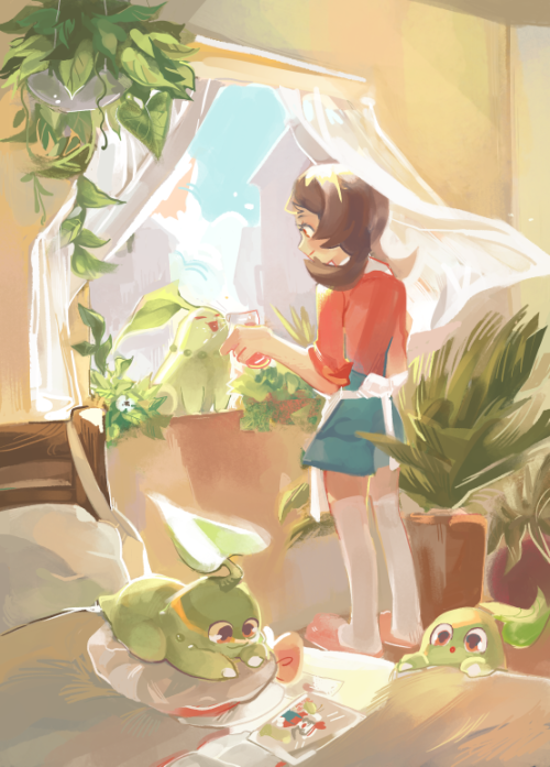 bokchois:A full view of my piece for @routeonezine ! I’ve loved Chikorita since baby days….they dese