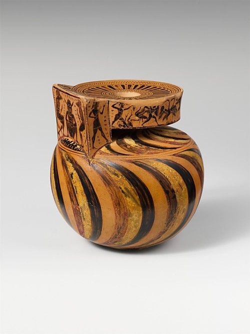 ancientpeoples:Black figured terracotta aryballos (oil flask)Greek, AtticArchaic Period, ca. 570 B.C