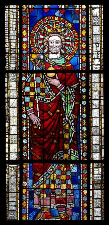 Romanesque stained glass depictions of Holy Roman Emperors in the Cathedral of Our Lady of Strasbour