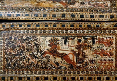 King Tutankhamun in a battle against Nubians A scene painted on the side of a casket of Tutankhamun 