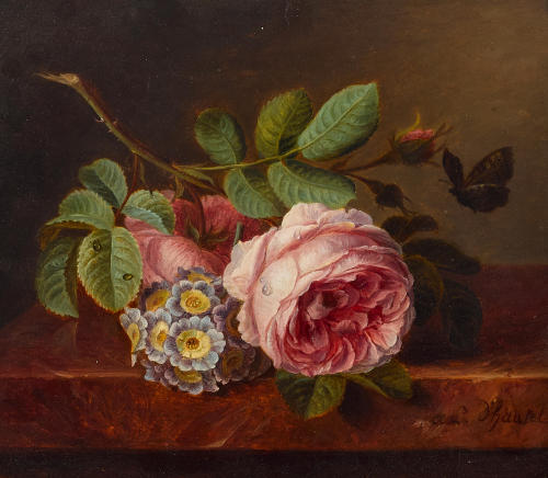 Amélie d'Aubigny (née d'Autel) (French, 1795/6-1861): Roses, primroses, and a butterfly on a stone l