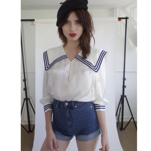 The Silk Sailor Blouse and High Waisted Denim Shorts worn by @ayomissd Photo by me. Use the code: SU