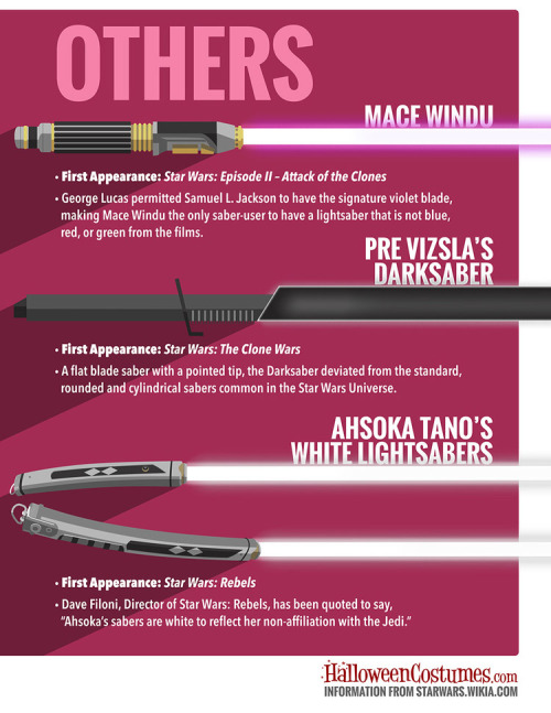 bobafett176:  Here’s an infograph breaking down all the lightsabers used in the Star Wars films, The Clone Wars and Star Wars Rebels. Props to HalloweenCostumes and David Rosencrance for putting this together. Here’s a link if you want read more