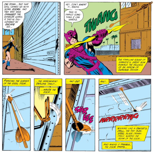  West Coast Avengers #43, 1989 so Clint has a can-opener arrow, apparently