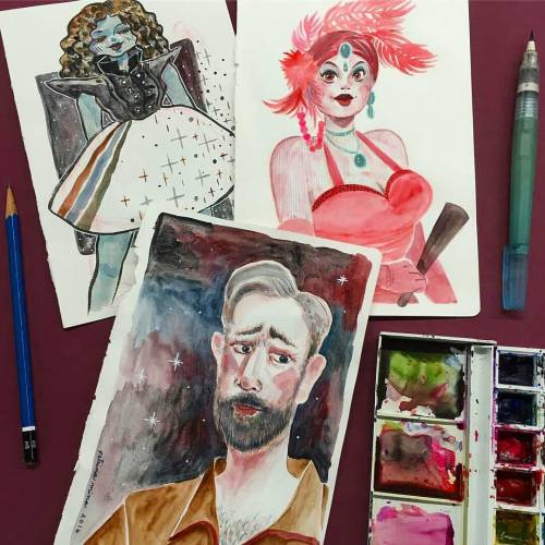 Watercolor paintings of Lady Sapphire Noir, Egypt Blaque Kyle, and singer Ronnie McDonald by artist 