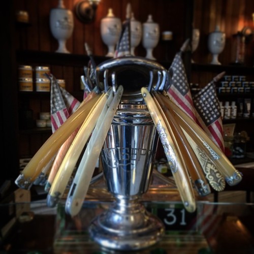 this-old-stomping-ground: Ludlow Blunt Antique Razors in a C1905 Razor Antiseptic Urn. 