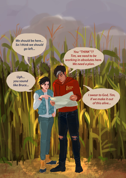 mythoughtfulwindow:The Batfamily takes a trip to a corn maze!Bruce and Duke are in the car aslee