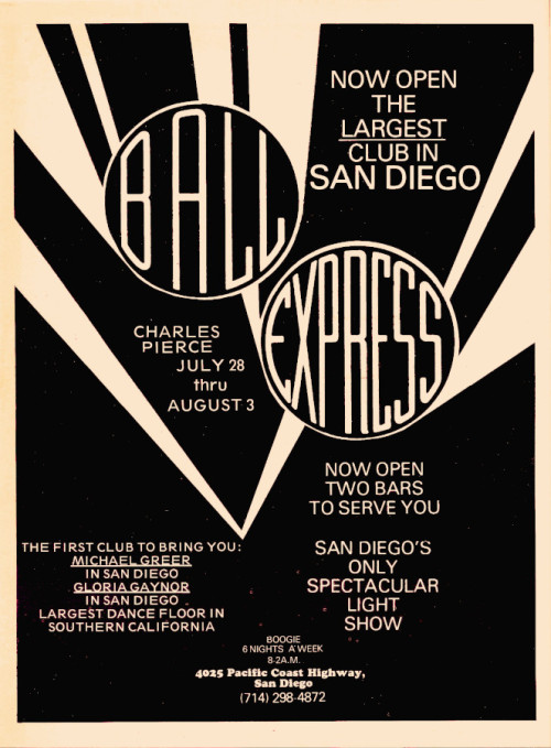 Ad for Ball Express (4025 Pacific Coast Highway, San Diego, CA). Housed in a former airplane hangar,