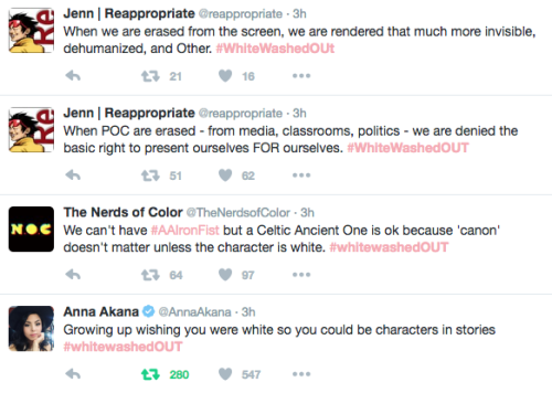 asiansinhollywood: A few stand out tweets from The Nerds of Color #whitewashedOUT trend today.