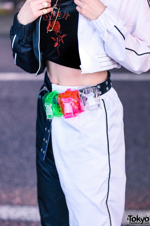 tokyo-fashion:20-year-old Japanese idol Misuru on the street in Harajuku wearing a two-tone setup wi