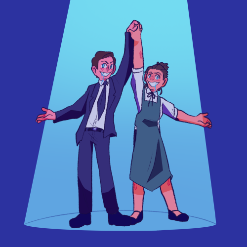 A drawing of Paul and Emma. They're both grinning, mouths dripping with blue goo. They're mirrors of each other. One hand, intertwined, is held high in the air, while the other is held out to the side. Their colors are saturated and blue; theres a blue background and a cyan spotlight casting dark shadows on them.