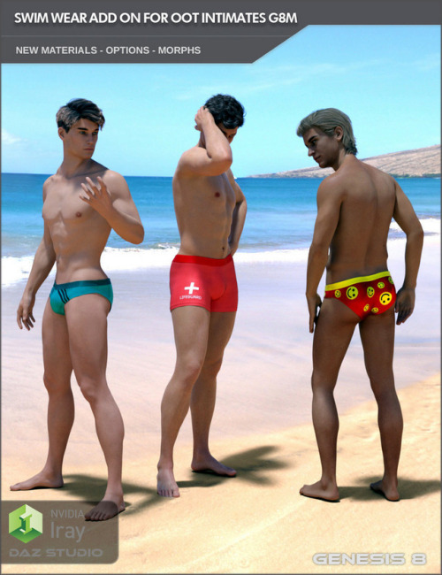 This product is a swim wear extension for the OOT Intimates for Genesis 8 Males product. Included are new textures, morphs and options for the “Boxers” and “Swim Pants” clothing items of the base product. Created by SF-Design and