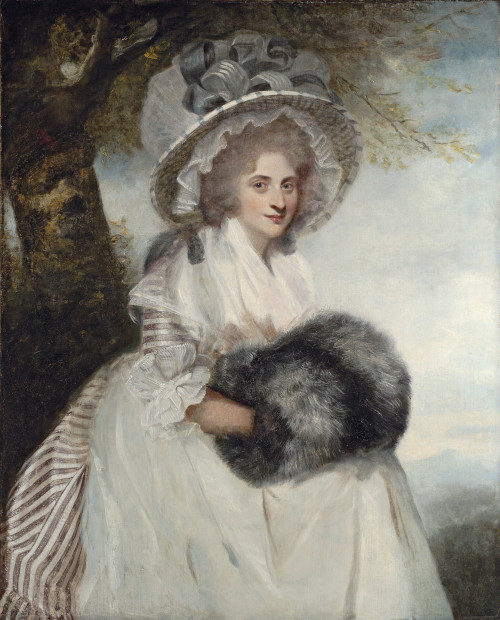 Portrait of Mrs Wells, three-quarter-length, seated, in a striped dress and straw hat (1787-1788). S