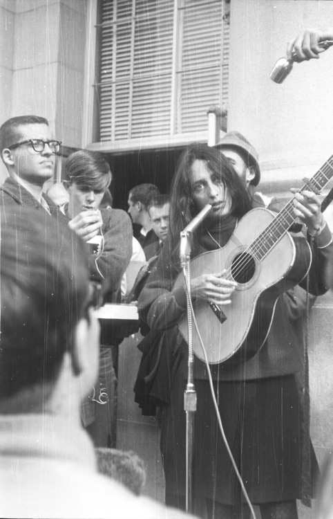 bobdylan-n-jonimitchell:  Joan Baez performing at different College Campuses for the “Free Speech Movement,” 1964.