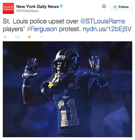 drst:  socialjusticekoolaid:  ICYMI in Ferguson (12/1/14): Several St Louis Rams players showed their solidarity with Ferguson protesters as they took the field, displaying the now iconic “Hands Up Don’t Shoot” gesture. The head of the St Louis