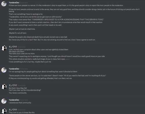 The first five screenshots are what prompted yanderedev to go and make his own yansim discord server (so he could run it like the dictatorship it is - I would know, I was on it for a while and he and his mods just kicked people off and deleted...