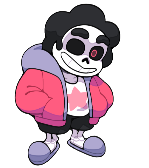 A skeletal steven wearing a hoodie-jacket, white t-shirt with a pink star, black shorts, and lavender-ish slippers. One of his eye-sockets has a single pink pupil. It's supposed to look like Sans, and personally, I think the drawing does a decent job of it.