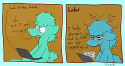 dogstomp:It was an awful, unsatisfying puzzle. Mostly black scribbled shapes on a white background. Multiple of the same shapes with equal or similar sizes. 2 hours of that because I’m a completionist. Makes me angry just thinking about it. xp