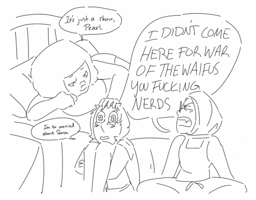 projectormom:tummy-drawing:human AU where the lesbrigade gets a cheap hotel room with free HBO at th