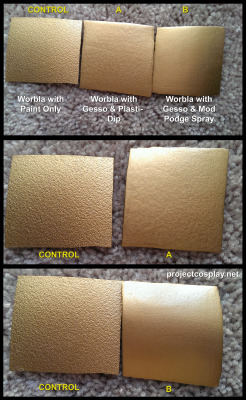 elfgrove:  projectcosplay:  Worbla Tests - Making Worbla Smooth We did some testing with Worbla, Gesso, Mod Podge Spray Sealer, and Plasti-Dip. (a more detailed post on method will come shortly) In your opinion, which yielded best results? A or B?  Thank