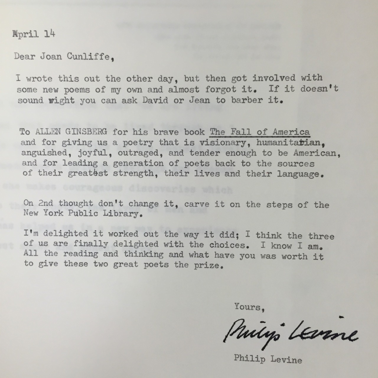 “In 1974, American poets Philip Levine, Jean Valentine, and David Kalstone served as Judges for the National Book Award for Poetry. That year, the Judges chose two Winners and Levine’s letter– sent to the National Book Foundation– provides the text...