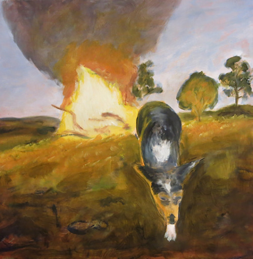 Burning stacks with dog   -   Eric Davidson GluyasAustralian,b.1987-