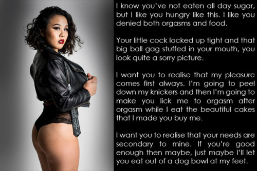 clickthelock:  I know you’ve not eaten all day sugar, but I like you hungry like this. I like you denied both orgasms and food. Your little cock locked up tight and that big ball gag stuffed in your mouth, you look quite a sorry picture.   caption