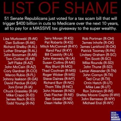 lauraannegilman:  A list of the senators who just voted for a bill nobody’d had a chance to read yet (that they were scribbling amendments in the margins up to the moment of the vote) that will do significant damage to the working and middle class (and