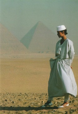 joga:    Kenzo striped cotton dress and small fellah cap, of Egyptian inspiration, Spring/Summer 1984  