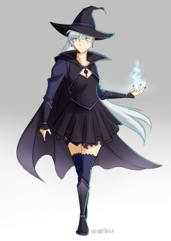 houndtails:  so i decided to expand on this pic and draw their full outfits for my magic/fantasy AU!Weiss: a Mage/witch, mostly just practices elemental magic, but starts to study things like enchantments and summons, etc. Blake’s ‘master’. her