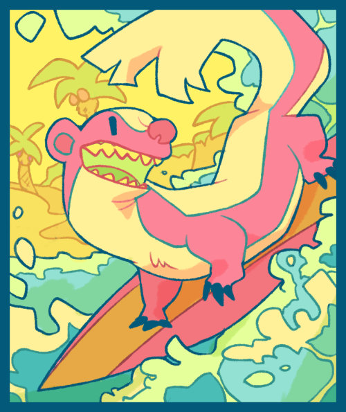 chocodile:  Yungoos, Pikipek, Grubbin, and Iwanko enjoying the beach! Was aiming for a Lisa Frank-ish colorscheme on these. :] 
