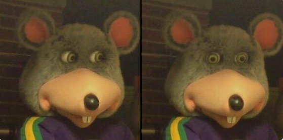 two pictures of Chuck E. Cheese, looking to the right and then at the viewer with the same blank expression.