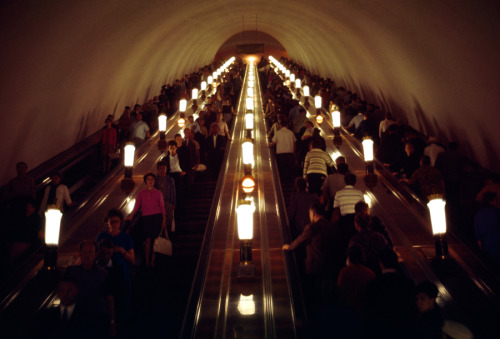 Commuters travel on a four-lane escalator in Moscow’s subway system, March 1966.Photograph by 