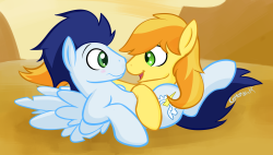 luckylardon:cottonsulk:&ldquo;Appleloosa!&rdquo; - MLP M/M Fan Pairings #1 Soarin’ x Braeburn. I’d like to dedicate this piece to Stormsoul22, a writer whose beautiful stories helped inspire me.  my otp  Eeeee~! &lt;3