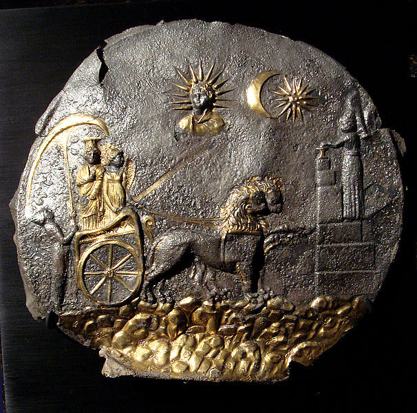worldhistoryfacts:  Hellenistic plate depicting Cybele in a chariot, found in Ai-Khanoum