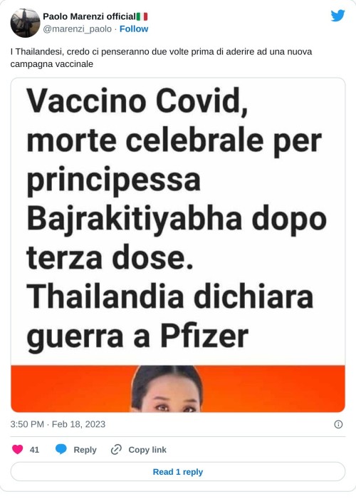 I Thailandesi, credo ci penseranno due volte prima di aderire ad una nuova campagna vaccinale pic.twitter.com/dvn4hNhmej  — Paolo Marenzi official🇮🇹 (@marenzi_paolo) February 18, 2023