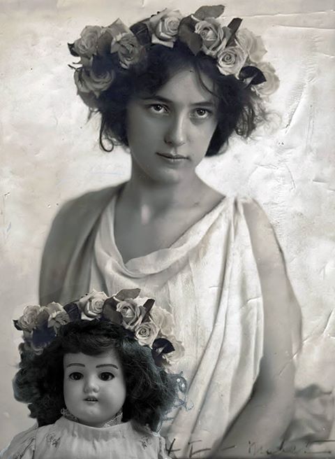 hazedolly:Turn-of-the-century “It Girl” Evelyn Nesbit, posing with with bisque