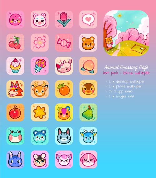 Animal Crossing Café Icon Pack a sweet spring theme featuring 28 app icons, 1 phone wallpaper, and 1