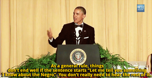 sandandglass:  President Barack Obama at the White House Correpondents’ Dinner.    that “orange is the new black” line killed em
