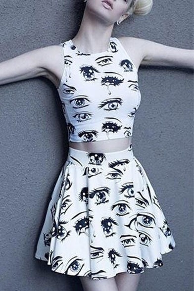 beckyiswinner:Eyes Print Cropped Bodycon Tank Mini Flared Skirt