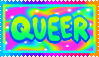 a rainbow stamp with green text that reads 'QUEER'