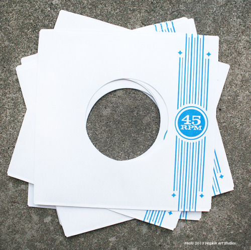 napkinartstudios:  New custom retro/vintage style 45rpm record sleeves now available in our Etsy shop! Each pack contains 10 hand printed record sleeves with a vintage 45 record (inserted randomly). A great way to start a collection, or to spruce up your