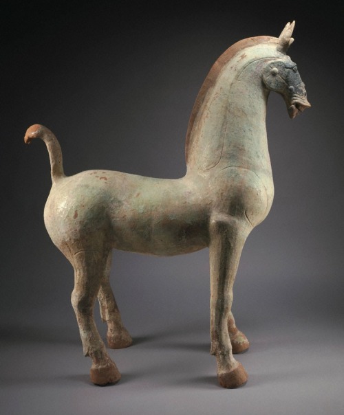 China. Red earthenware green-glazed Horse, Eastern Han dynasty, A.D. 25–220