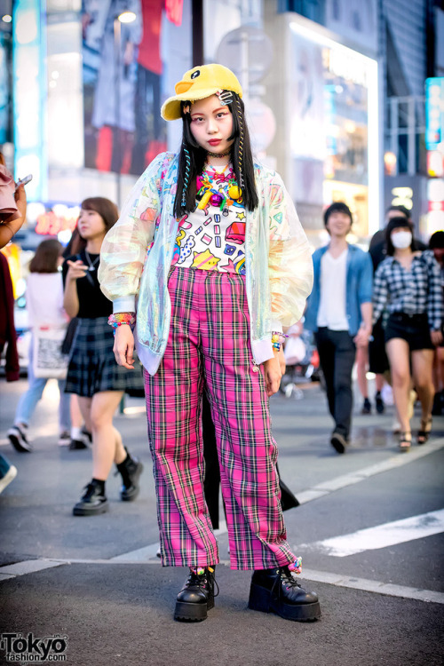 21-year-old Tokyo art school student Chami on the street in Harajuku wearing fashion from several po