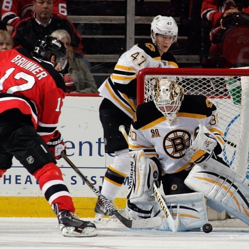 Chad Johnson stymies a New Jersey chance today at the Prudential Center. #NHLBruins