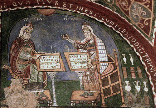speciesbarocus:Hippocrates and Galen.Fresco in the Anagni Cathedral‘s Crypt,  12th century.