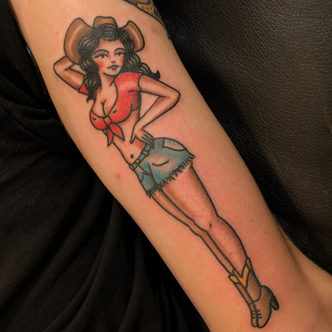 Ross K Jones Super Fun Cowgirl Pin Up On The Back Of The Arm